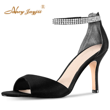 Black Rhinestone Wedding Shoes For Bride Stilettos High Thin Heels Ankle Strap Sandals Woman Zipper Large Size 33 35 Elegant 2024 - buy cheap