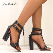 Roni Bouker Women Square Heel Sandals Dress High Heels Black Genuine Leather Lady Summer Open Toe Zipper Shoes Woman Plus Size42 2024 - buy cheap