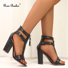 Roni Bouker-Sandalias de tacón cuadrado para mujer, zapatos de vestir de tacón alto de cuero genuino negro, con cremallera y Punta abierta, talla grande 42 2024 - compra barato