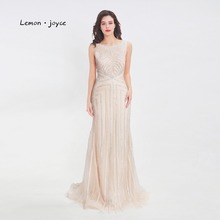 Lemon joyce Champagne Evening Dresses Long 2020 Formal O-Neck Sleeveless Beading Sexy Illusion Prom Party Gowns Plus Size 2024 - buy cheap