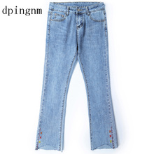 2018 autumn and winter new hole micro-flare jeans female nine-point stereo  embroidery high waist slim denim flared pants 2024 - buy cheap