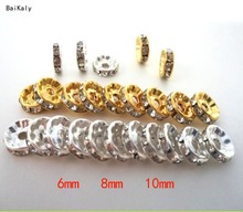 Contas de cristal redondas para amuletos diy, contas espaçadoras soltas para fazer joias diy de cores douradas e prateadas com strass, 6mm 8mm e 10mm, 100 2024 - compre barato