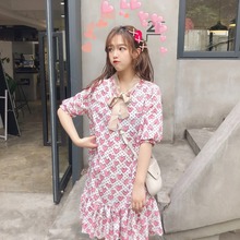 Fresh Peach Heart Sweet Summer Dress Casual Loose Ruffles Bow Woman Dress Lolita Vintage Short Lantern Sleeve Womana Dress Girls 2024 - buy cheap