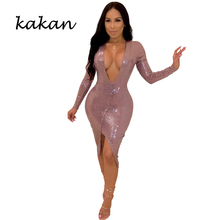 Kakan-vestido de lentejuelas para mujer, novedad de primavera del 2019, vestido sexy de manga larga irregular con cuello de pico, vestido de fiesta para discoteca 2024 - compra barato