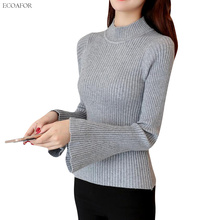Vintage Flare Sleeve Sweater For Women Half High Neck Bell Sleeve Pullover Solid Color Jumper Female Slim Waist Knitted Sweaters 2024 - buy cheap