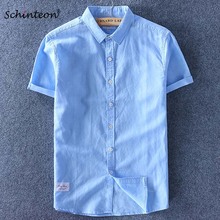 Schinteon Men Cotton Linen Shirt Short Sleeve Thin Top Slim Casual Shirts High Quality White Green Pink Blue 2024 - buy cheap