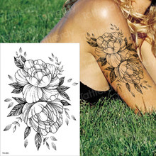 Tatuagem e arte corporal feminina, tatuagem temporária de longa duração, com peônia, flor, mangas pretas, para braço e água 2024 - compre barato