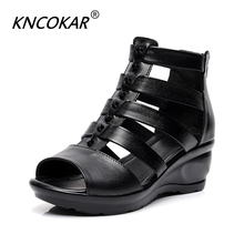Kncokar verão novo couro sandálias femininas cunha com boca de peixe romano oco confortável sandálias femininas x202032 2024 - compre barato