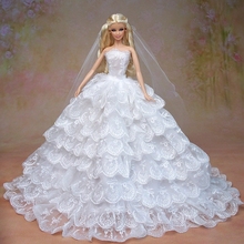 Белое свадебное платье + вуаль + букет, многослойное кружевное бальное платье Большой невесты, наряд, Одежда для куклы Барби 1/6 2024 - купить недорого
