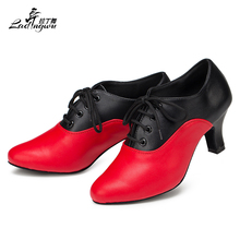 Ladingwu sapatos de dança femininos, novo sapato de couro sintético de microfibra com dedos fechados, vermelho e preto, 2018 2024 - compre barato