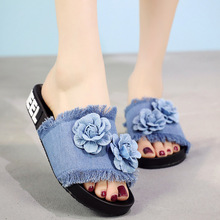 Handmade denim flowers open toe slippers summer comfort flat shoes women tassel denim sandals ladies home slippers sapato mujer 2024 - buy cheap