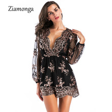 Ziamonga Autumn V Neck Overalls For Women Sequin Playsuits Boho Mesh Playsuit Bodysuit Long Sleeve Rompers Combinaison Femme 2024 - buy cheap