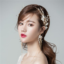 Trendy Gold Tassel Earrings Headband Sets Pearl Rhinestone Hairbands Handmade Hair Jewelry Bride Women Wedding Hair Accessories 2024 - buy cheap