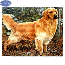 Kufwkey praça cheia strass pintura diamante golden retriever cão 3d imagens redondo diamante mosaico quebra-cabeça ponto cruz, decoração 2024 - compre barato