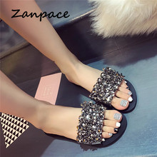 ZANPACE New Women's Slippers Fashion Diamond Summer Slipper Flat Casual Crystal Shoes Indoor Outdoor Flip-Flops Beach Slippers 2024 - buy cheap