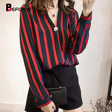 BEFORW Spring Autumn Plus Size Women Tops Long Sleeve Casual Chiffon Blouse Female Fashion Stripe V-Neck Sexy Shirts For Women 2024 - buy cheap