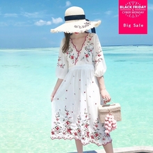 2020 fashion brand bohemian v-neck embroidery flowers ruffles dress female big swing high waist vacation holiday dress wj2742 2024 - buy cheap