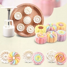 Molde do bolo da lua com 6 pces selos redonda flor pastelaria mooncake mão diy ferramenta 2024 - compre barato