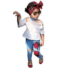 Summer Toddler Kids Baby Girl Off shoulder Lace T-shirt Tops+Rose Flower Ripped Jeans Denim Pant 2PCS Fashion Clothing Set #Zer 2024 - buy cheap
