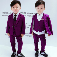 Однотонный Фиолетовый детский Блейзер, качественный Свадебный костюм с цветочным принтом для мальчиков, комплект одежды для малышей, 4 предмета, пиджак с галстуком, жилет, брюки, детский деловой костюм 2024 - купить недорого