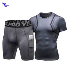 Camiseta de entrenamiento + Pantalones cortos conjuntos de correr para hombre con compresión de bolsillo traje deportivo chándal ropa gimnasio Fitness Jogging ropa deportiva 2024 - compra barato