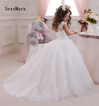 Vestido de primeira comunhão feminino, vestido bufante de tule com contas, vestido branco de flor para casamento 2024 - compre barato
