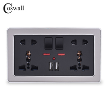 Coswall-enchufe de pared doble Universal con 5 orificios, enchufe de pared conmutado con cargador USB de doble puerto, neón 2.1a, marco de acero inoxidable, salida negra 2024 - compra barato