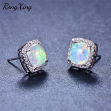 RongXing Round Cut White/Blue/Green Fire Opal Stud Earrings for Women Silver Color Crystal Zircon Square Earrings 2024 - buy cheap