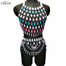 Chran Two Piece Nightclub Party Crop Top Bikini Set Skirt Exotic Necklace Beach Bra Bralette Gem Beaded Dress Sexy Festival Wear 2024 - buy cheap