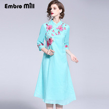 High-end autumn women Chinese style floral midi casual dress embroidery elegant loose lady silk linen A-line party dress S-XXL 2024 - buy cheap