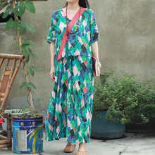 Johnature-vestido de lino y algodón con estampado Floral para mujer, vestido informal de manga corta con cuello en V, 2021 2024 - compra barato