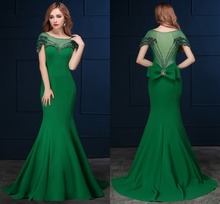 Vintage Bateau Beading Bowknot Mermaid  Evening Dress 2019 Emeradald Green Train Short Sleeve Formal Prom Party Dresses Vestidos 2024 - buy cheap