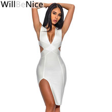 WillBeNice White Women Dress Bandage Sexy Deep V Neck Open Fork Knee Length Sexy Women Bodycon Bandage Dress For Women 2019 2024 - buy cheap