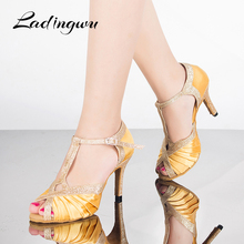 Ladingwu Women's Ballroom  Party Latin dance shoes  Soft bottom shoes Professional Dancing Shoes  Yellow /Tiger texture Satin 2024 - buy cheap