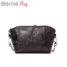 Berno fly Brands Vintage Women Bags Messenger Bag Genuine Leather Female Embossed Flower Bag Small Women Shoulder Bags Chain 2024 - buy cheap