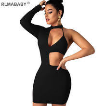 RLMABABY Sexy One Shoulder Single Long Sleeve Women Bodycon Mini Dress O Neck Hollow Out Summer Dress Slim Club Party Blue Dress 2024 - buy cheap