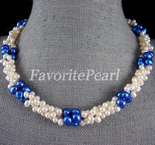 Free Shipping - 19 Inches 3 Strand White Blue Color Natural Freshwater Pearl Necklace Handmade Pearl Jewelry 2024 - buy cheap