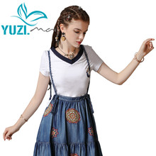 Yuzi.may-Camiseta de lino y algodón para mujer, camisa informal de manga corta con cuello en V, Vintage, bordada, B9280, 2019 2024 - compra barato