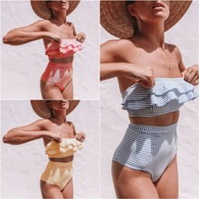 Conjunto de Bikini de cintura alta para mujer, bañador con volantes y realce, ropa de playa a rayas, traje de baño liso para mujer 2019 2024 - compra barato