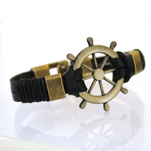 Pulseira de couro genuíno do helmsman navegator, pulseira vintage punk com berloque do guidão, bracelete preto amor do mar 2024 - compre barato