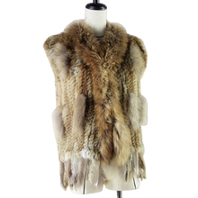 Harppihop-Chaleco de piel de conejo con Cuello de piel de mapache para mujer, chaquetas de tejido de conejo rex, envío gratis 2024 - compra barato
