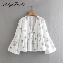 AISIYIFUSHI-Camisa de manga larga con estampado floral para mujer, blusa de gasa blanca, Top de encaje, camisas de manga acampanada 2024 - compra barato