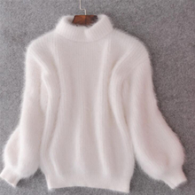 Suéter cálido de cuello alto para mujer, suéter con manga de linterna, Casual, Color sólido, ajustado, Simple, Mohair, invierno, nuevo 2024 - compra barato