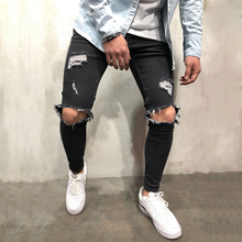 Новый Для мужчин узкие отверстия на коленях большая Эластичность Черный Синий джинсовые штаны Джастин Бибер Модные мужские рваные уличная джинсы брюки 2024 - купить недорого