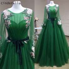 Платье Золушки, зеленое, с длинным рукавом и кружевной аппликацией 2024 - купить недорого