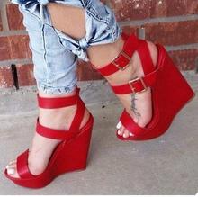 Gullick-Sandalias sexys con cuña roja para mujer, zapatos de tacón muy alto con plataforma y hebilla, estilo Gladiador, para club nocturno 2024 - compra barato