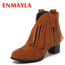 ENMAYLA 2 Style High Heels Ankle Boots Spring Autumn&Winter Warm Boots Shoes Woman Tassels Charns Western Boots Large Size 34-42 2024 - buy cheap