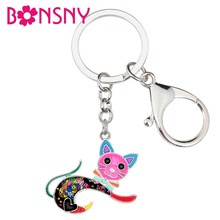 Bonsny chaveiro de liga metálica, chaveiro de gato para gatinho pular, joia de desenho animado para mulheres meninas adolescentes, bolsa de carro 2024 - compre barato