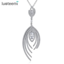 LUOTEEMI 2016 New Arrival Women Fashion Jewelry Vintage Feather Necklace Cubic Zirconia White Gold-Color Chain Pendant Bijoux 2024 - buy cheap
