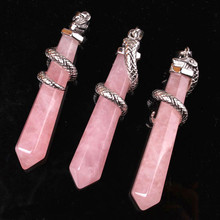 Tendência-contas com design atraente banhado a prata cobra invólucro hexágono prisma natural rosa rosa quartzo pingente animal joias 2024 - compre barato